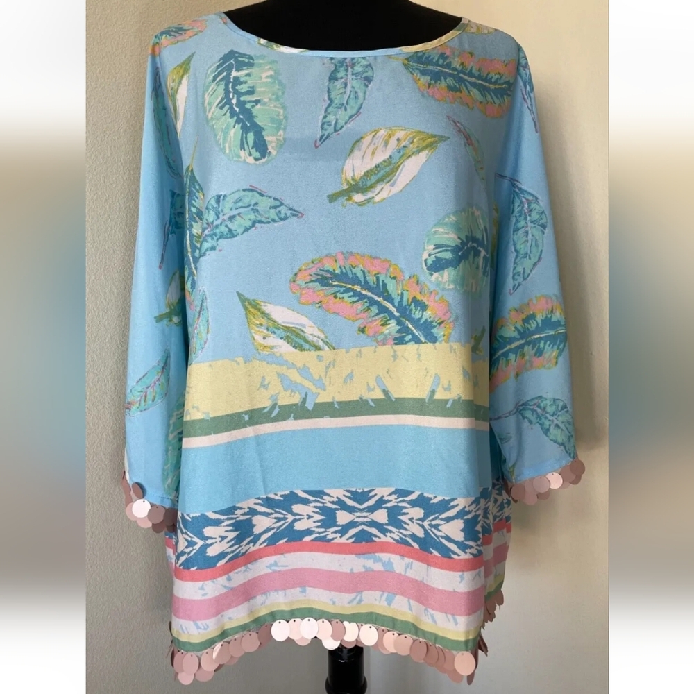 Melissa Paige Woman Blue Pastel Feather Print Pink Sequin Tassel Trim Blouse. 1X
